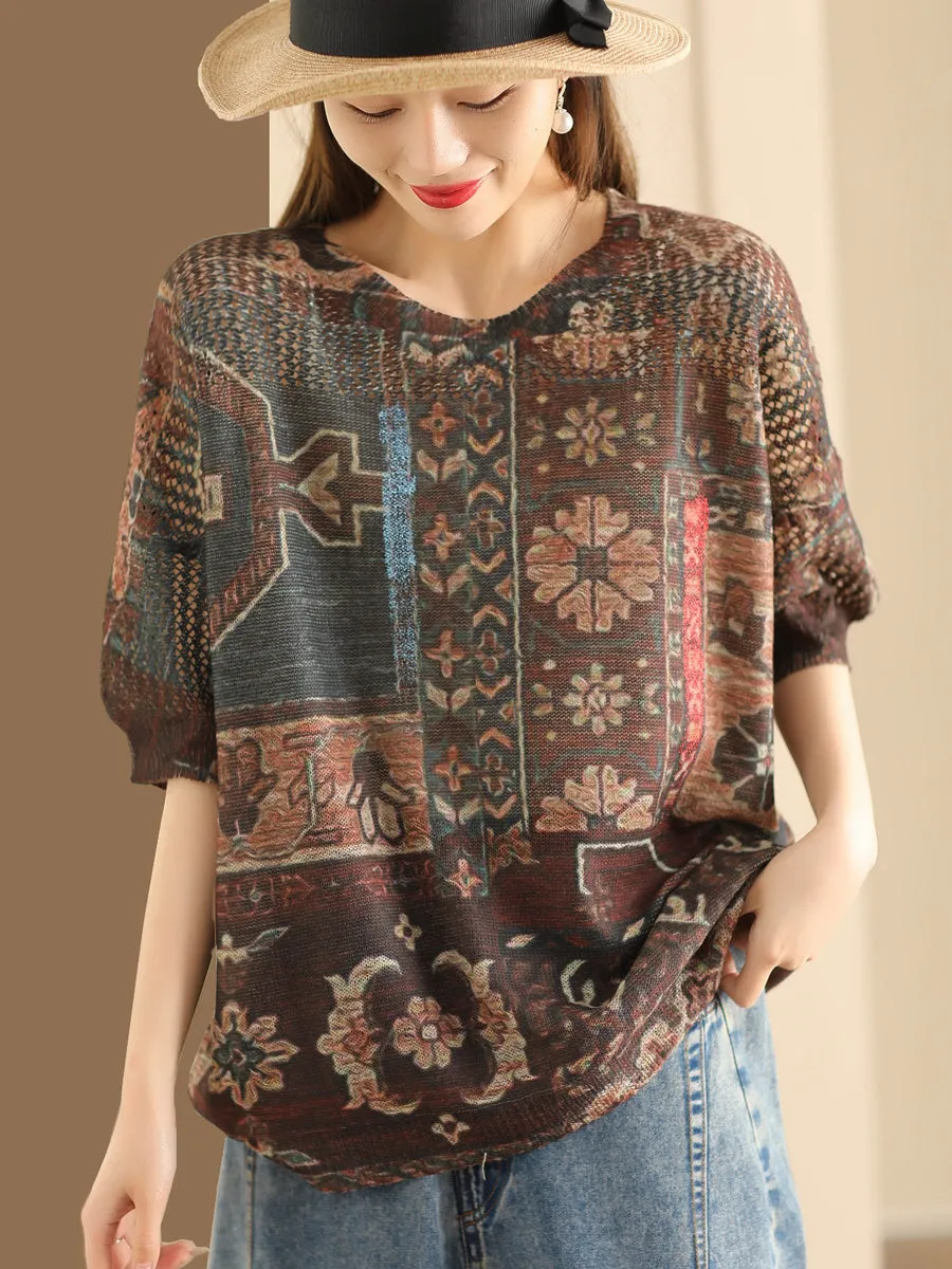 Women Summer Retro Knitted O-Neck Pullover Shirt SC1017