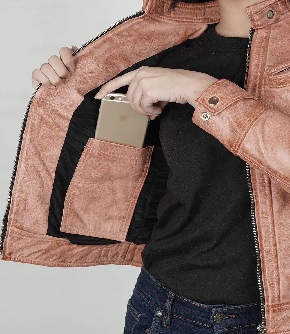 Women's Pink Cognac Wax Quilted Cafe Racer Leather Jacket