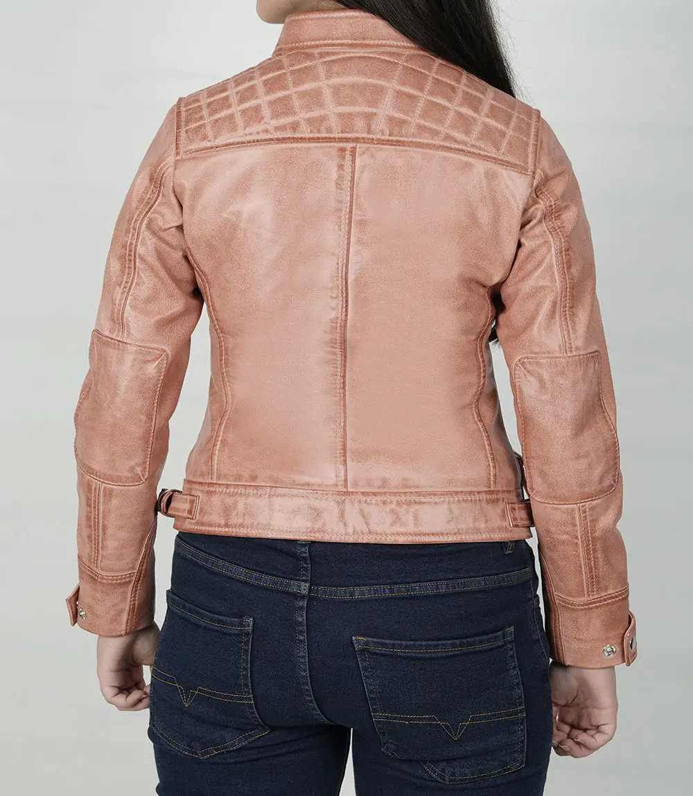 Women's Pink Cognac Wax Quilted Cafe Racer Leather Jacket