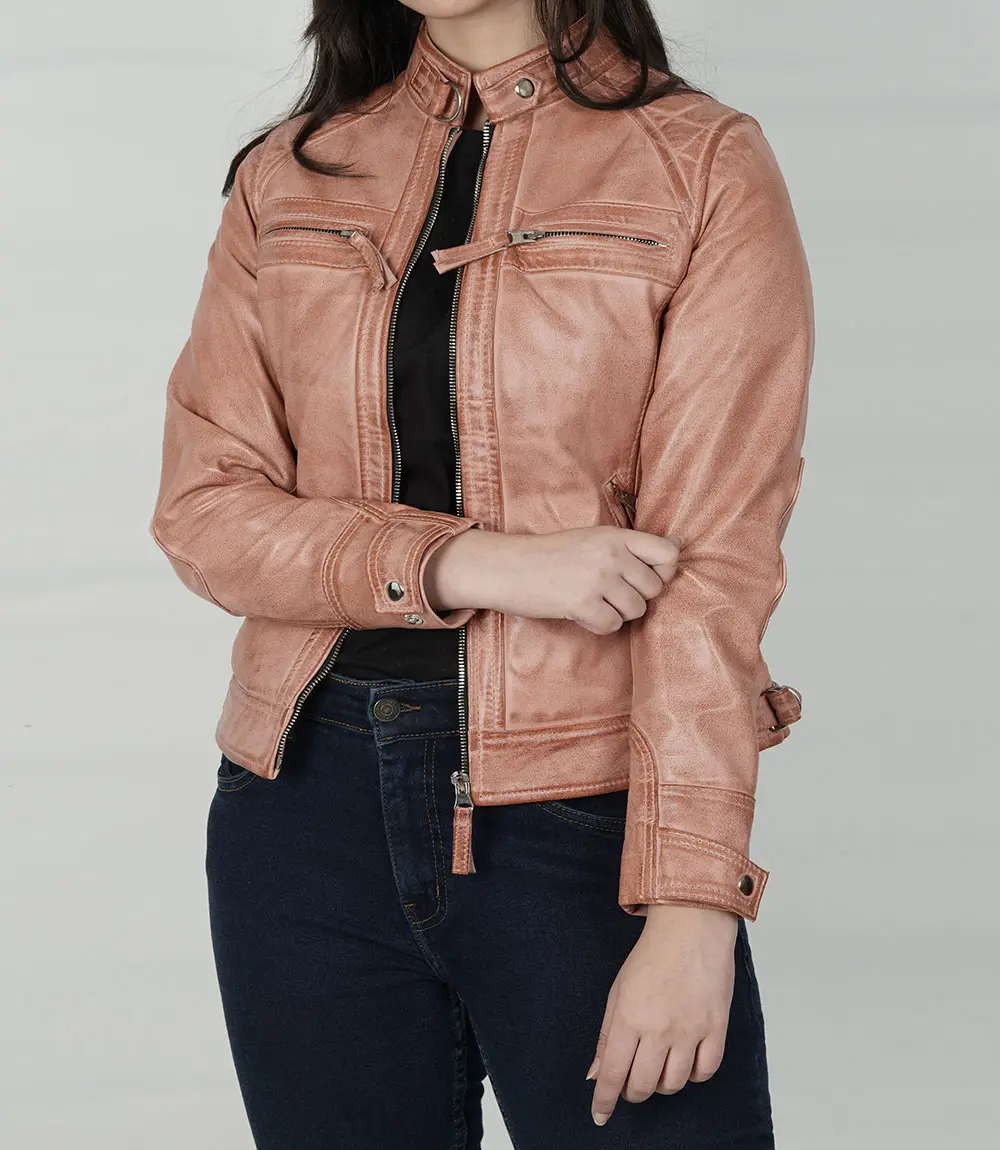 Women's Pink Cognac Wax Quilted Cafe Racer Leather Jacket