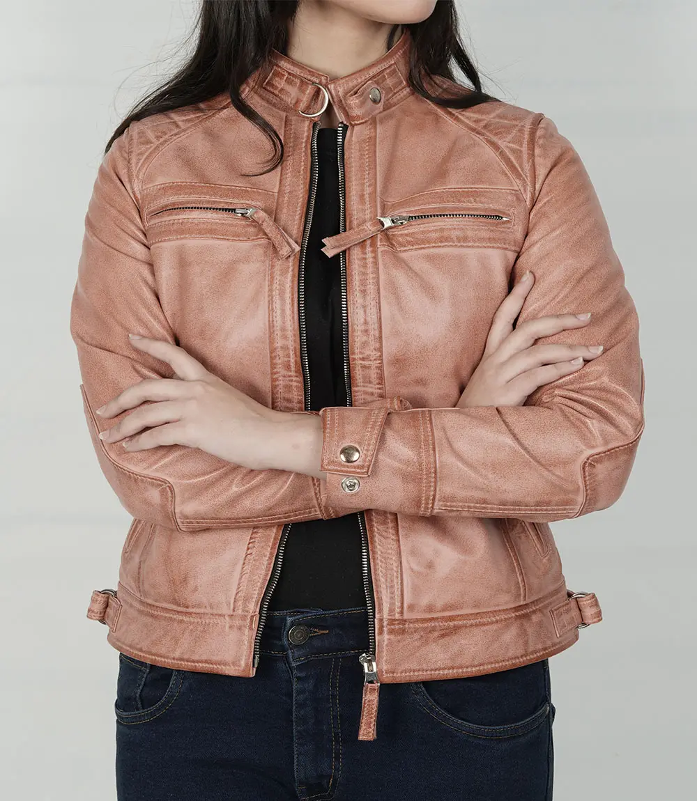 Women's Pink Cognac Wax Quilted Cafe Racer Leather Jacket