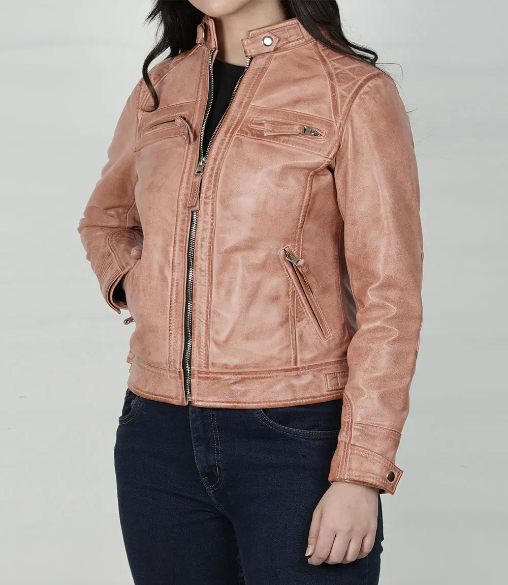 Women's Pink Cognac Wax Quilted Cafe Racer Leather Jacket