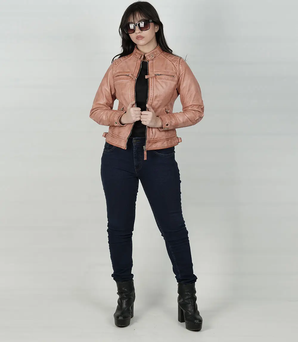 Women's Pink Cognac Wax Quilted Cafe Racer Leather Jacket