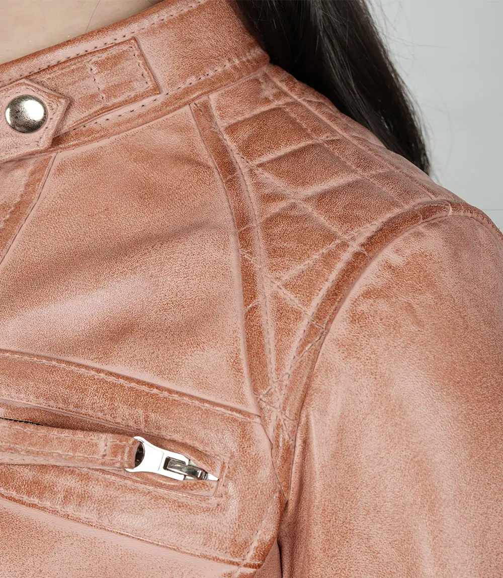 Women's Pink Cognac Wax Quilted Cafe Racer Leather Jacket