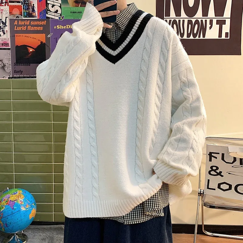 Xituodai Men's Contrast Color V-neck Sweater - Loose Fit Preppy Style Autumn Knit Pullover - Casual Fashion Couple Knitwear