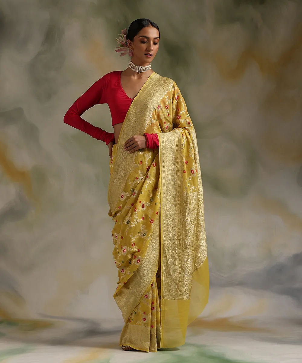 Yellow Handloom Pure Georgette Banarasi Saree With Meenakari Jaal