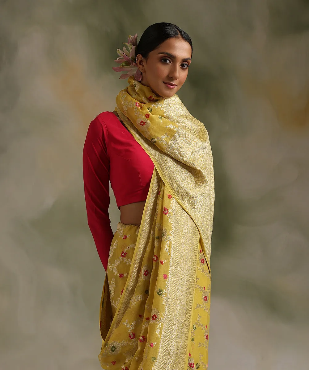 Yellow Handloom Pure Georgette Banarasi Saree With Meenakari Jaal