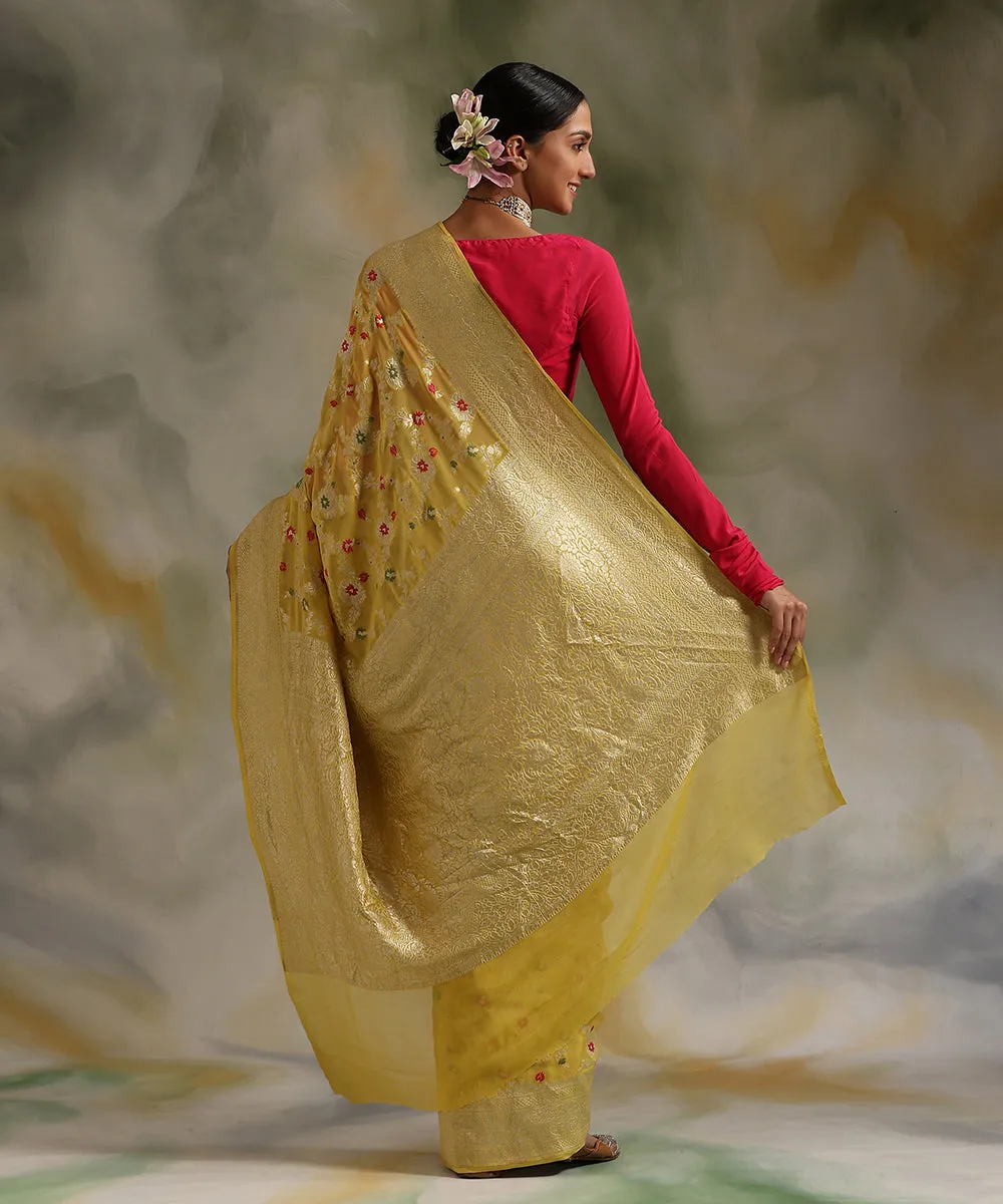 Yellow Handloom Pure Georgette Banarasi Saree With Meenakari Jaal