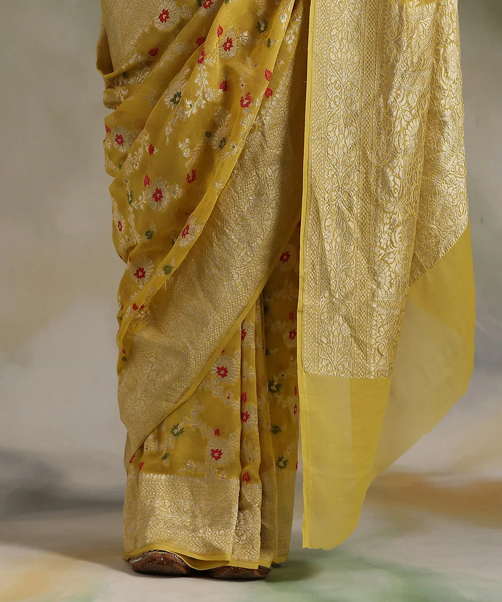 Yellow Handloom Pure Georgette Banarasi Saree With Meenakari Jaal