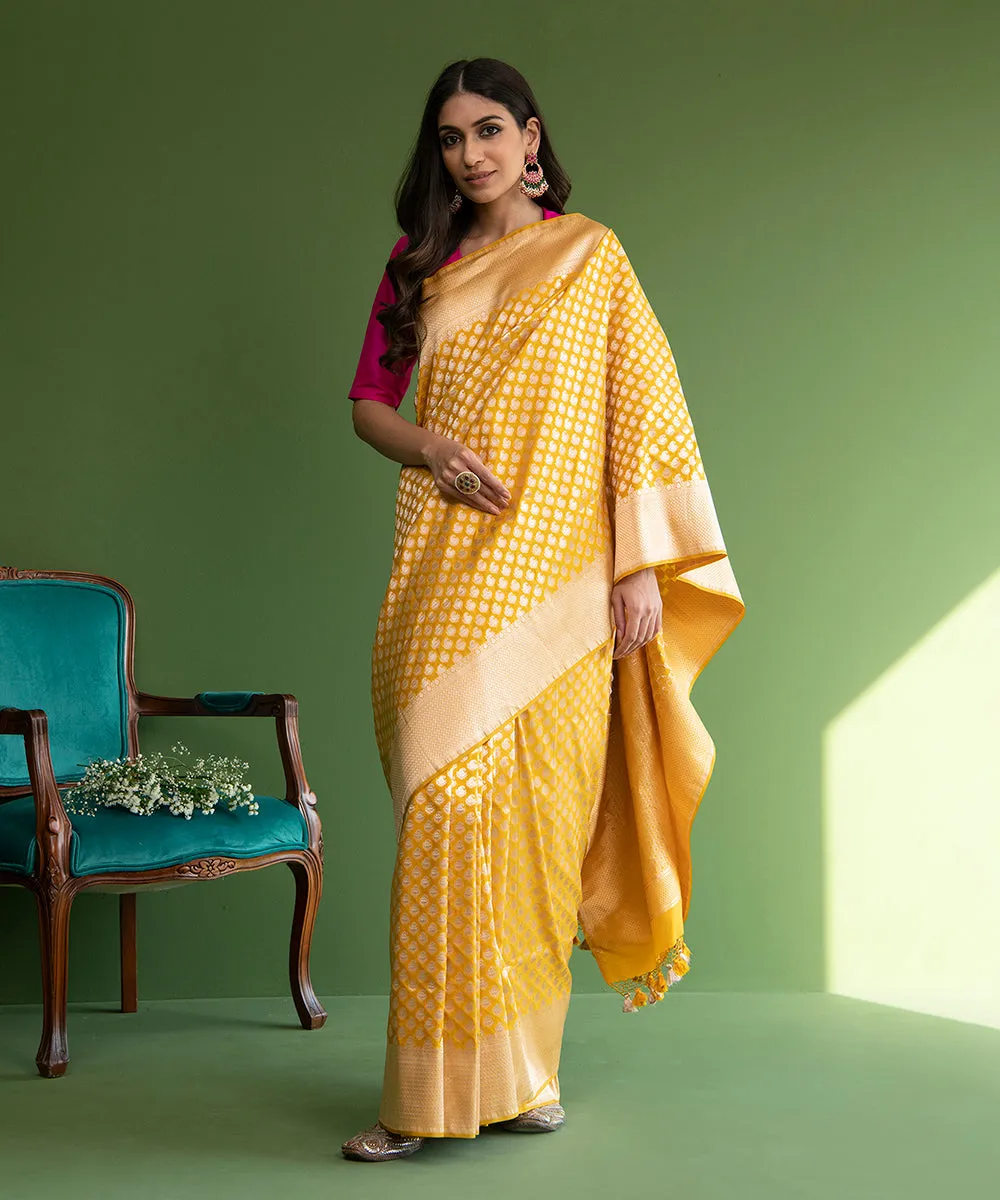 Yellow Handloom Pure Katan Silk Banarasi Saree with Small Paisley Boota