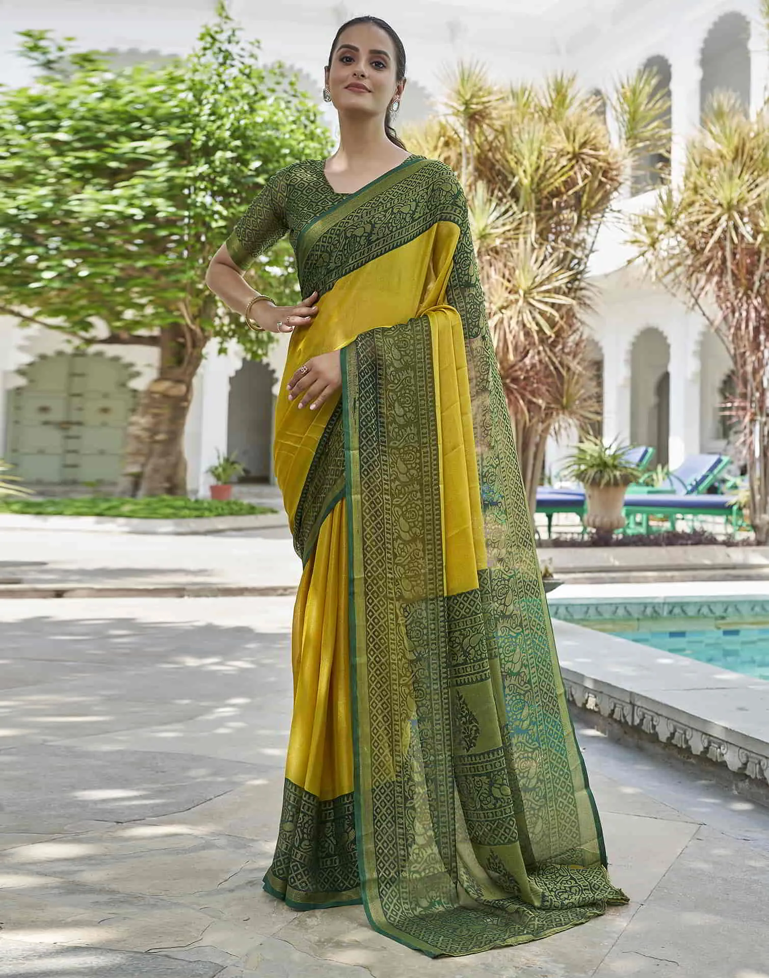 Yellow Printed Brasso Woven Saree