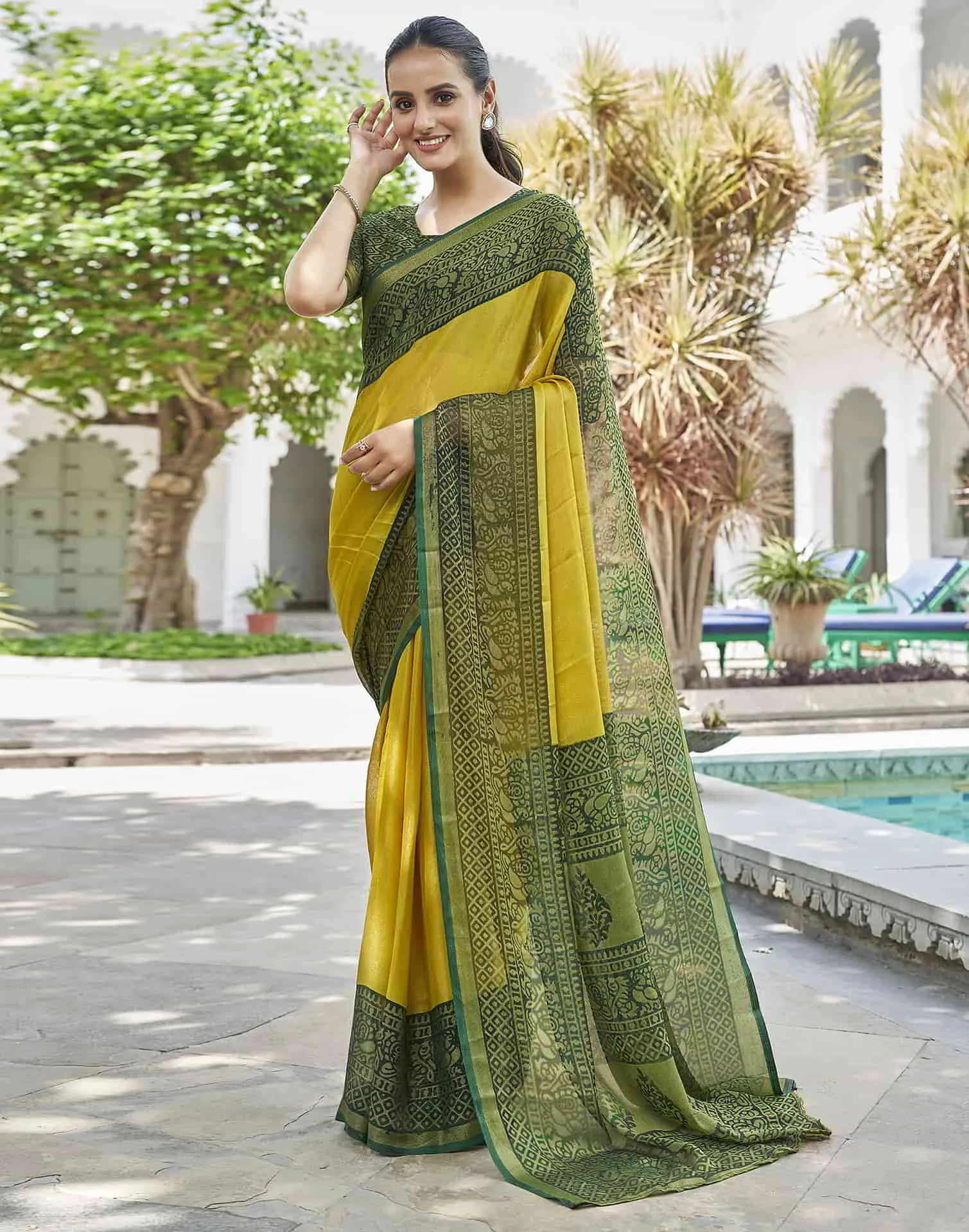 Yellow Printed Brasso Woven Saree