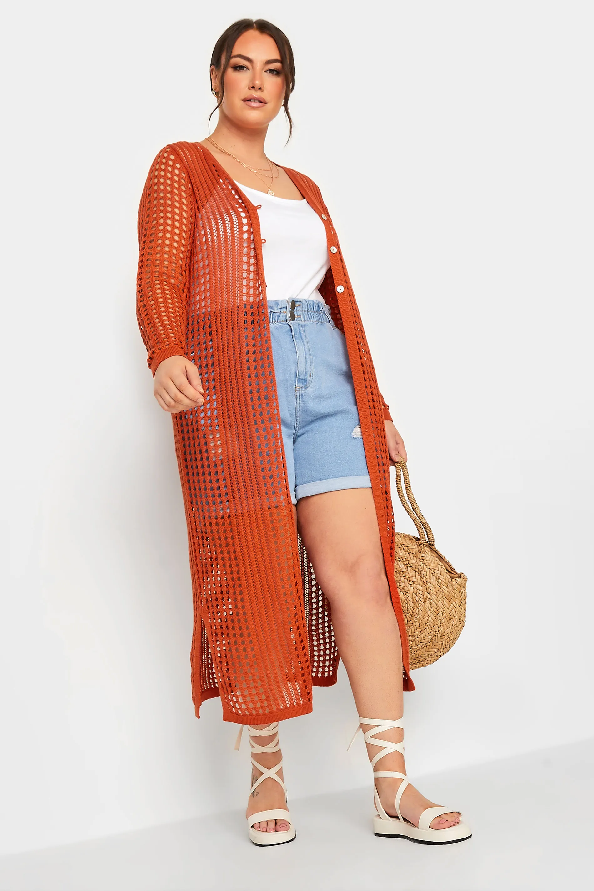 YOURS Curve Orange Crochet Button Longline Cardigan - Best Deals Online