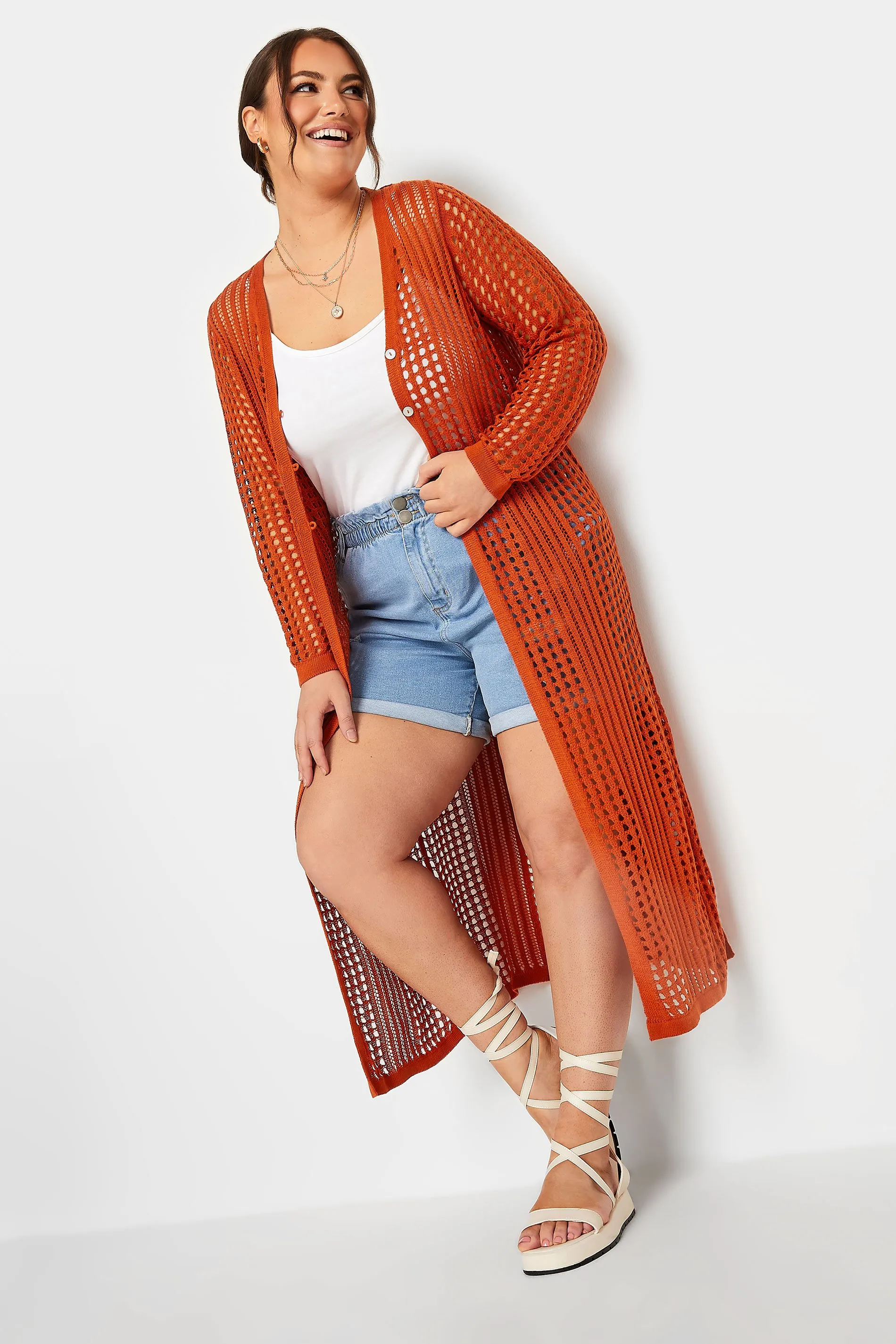 YOURS Curve Orange Crochet Button Longline Cardigan - Best Deals Online