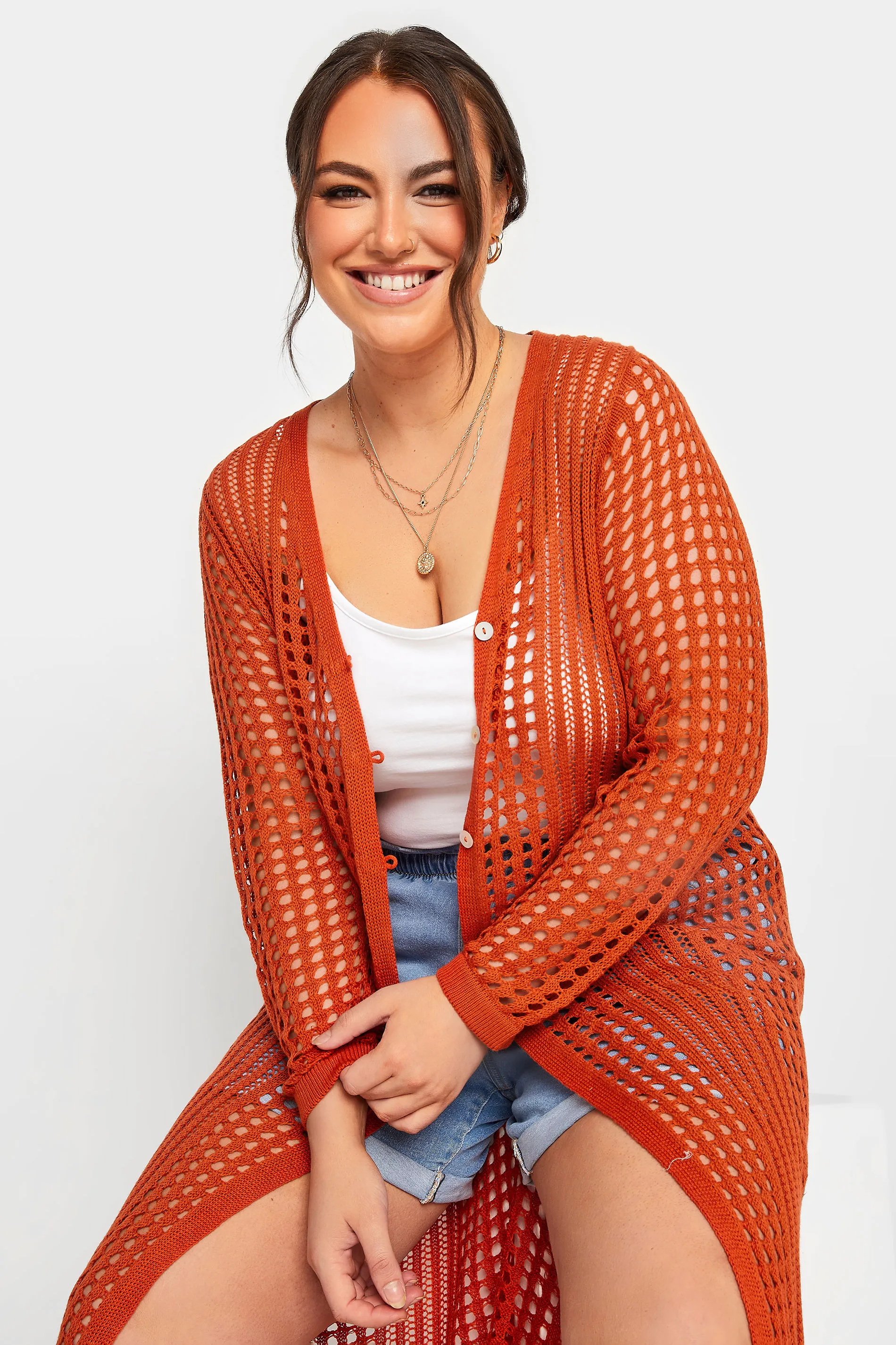 YOURS Curve Orange Crochet Button Longline Cardigan - Best Deals Online